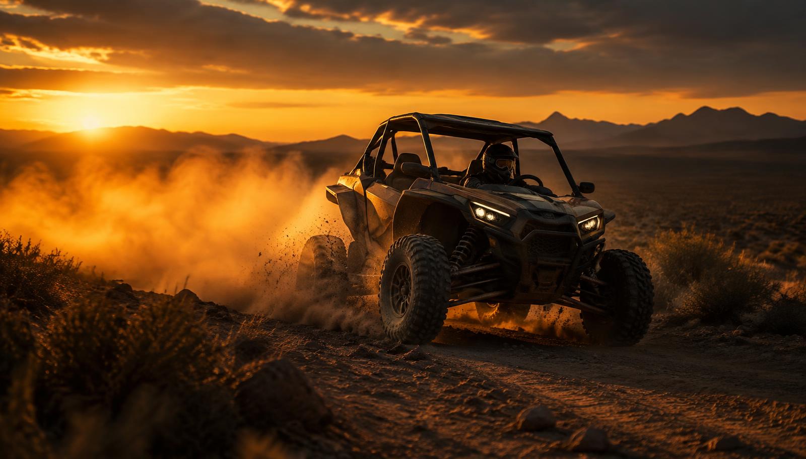 Side-by-side off-road vehicle on a desert trail at sunset
